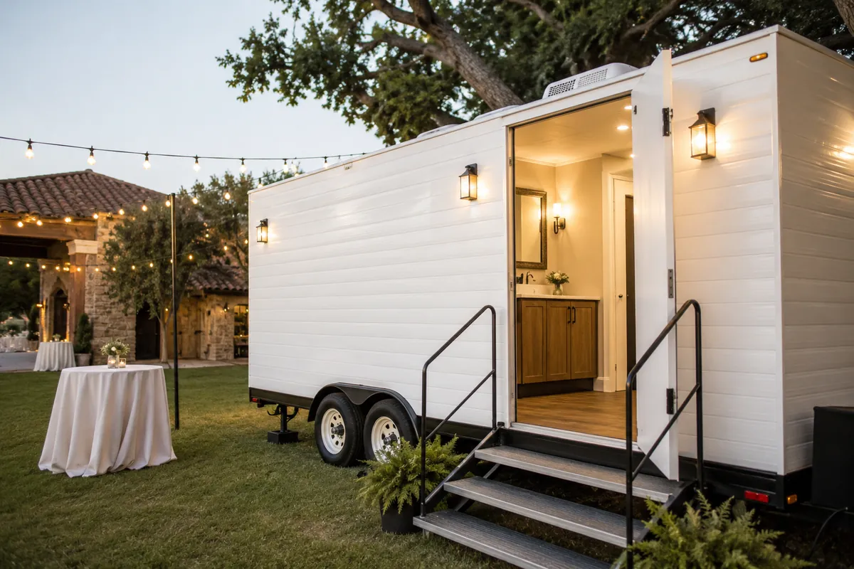 A luxury restroom trailer glows warmly at an outdoor wedding venue as string lights go up