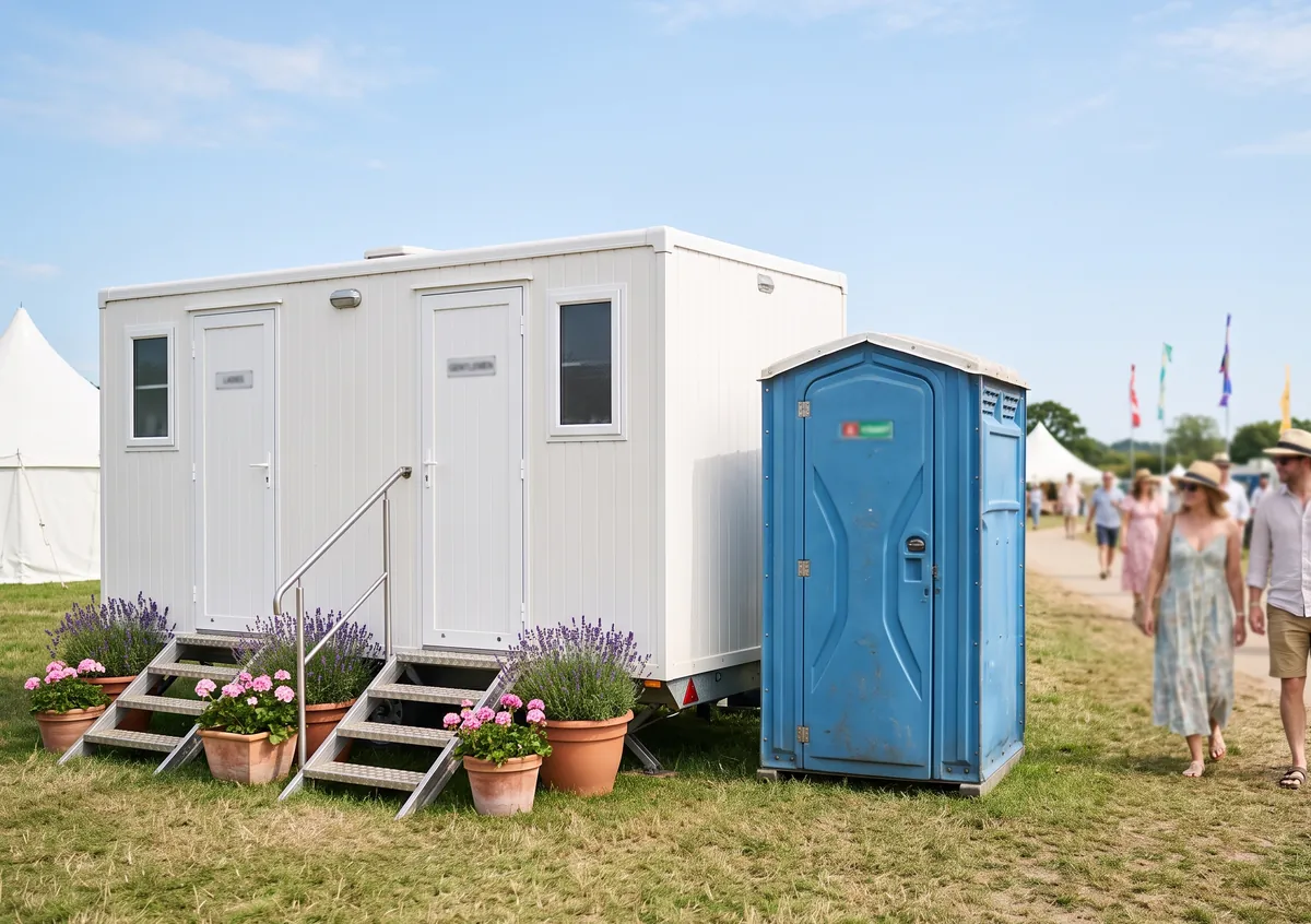 An elegant restroom trailer beside a basic porta potty at an outdoor event field